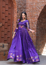 Soft Silk Copper And Gold Zari Weaving Gown
