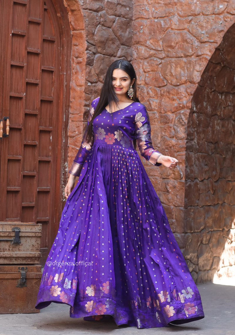 Soft Silk Copper And Gold Zari Weaving Gown