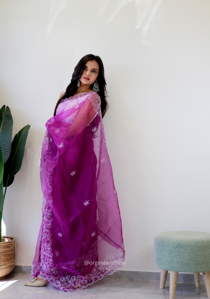 Lavender Colour Embroidery Thread Work Saree