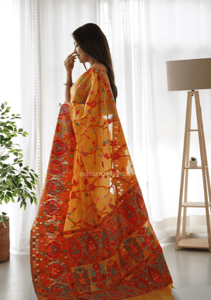 Haldi Yellow Slub Kashmiri Silk Saree - Orgenza Store - digisoch