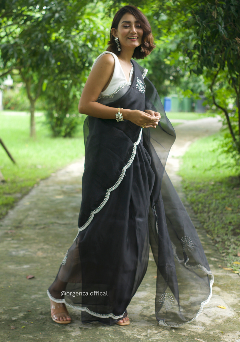 Black Colour Organza Saree With Hand Work