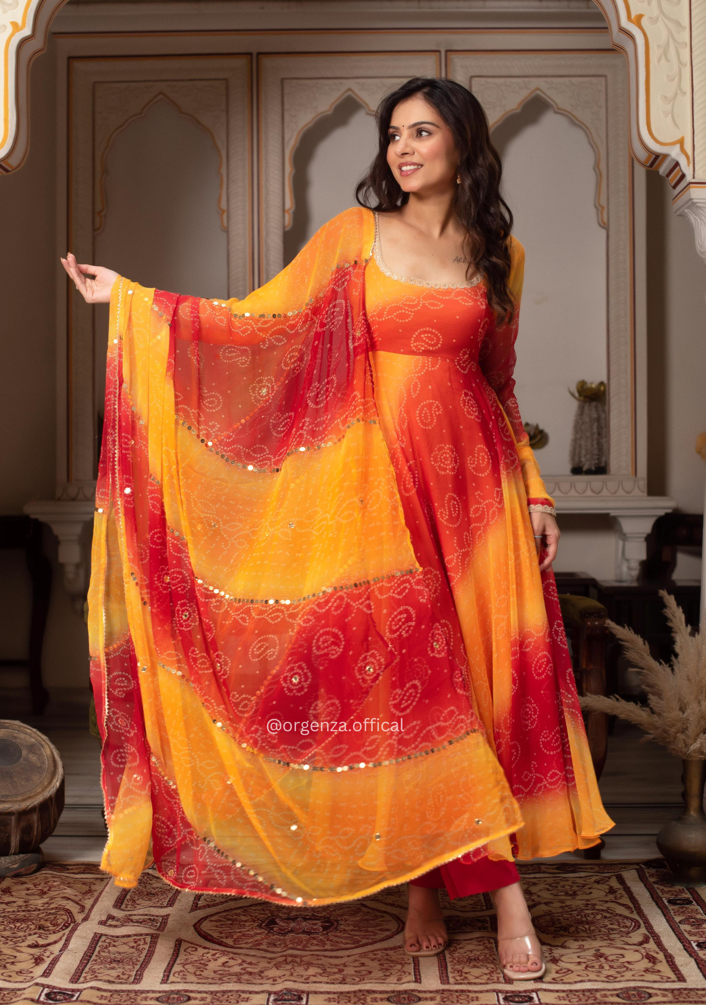 Fox Georgette Chiffon Digital Print Gown Set with Mirror Work Dupatta & Pant