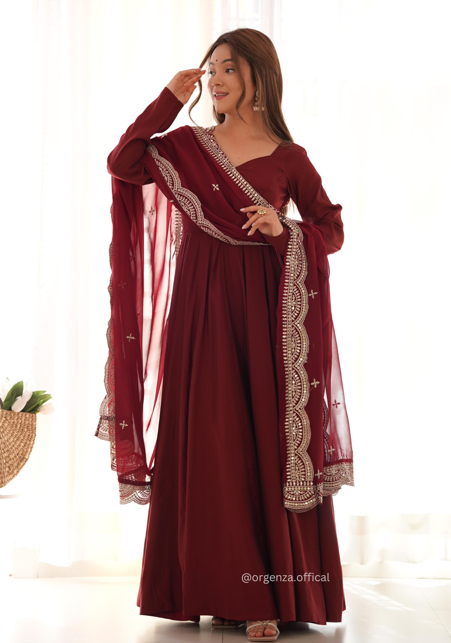 Maroon Colour Roman Silk Chanderi Plain Anarkali Kurti