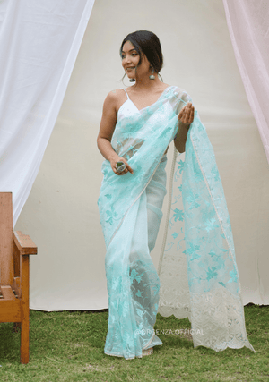 Light Teal Organza Saree With Embroidery Work - Orgenza Store - digisoch