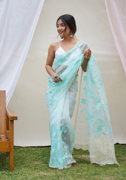 Light Teal Organza Saree With Embroidery Work
