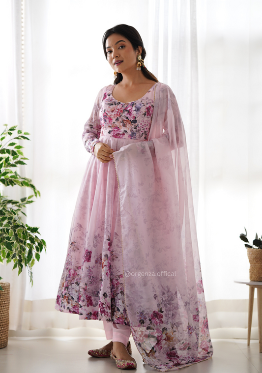 Baby Pink Anarkali With Floral Printed