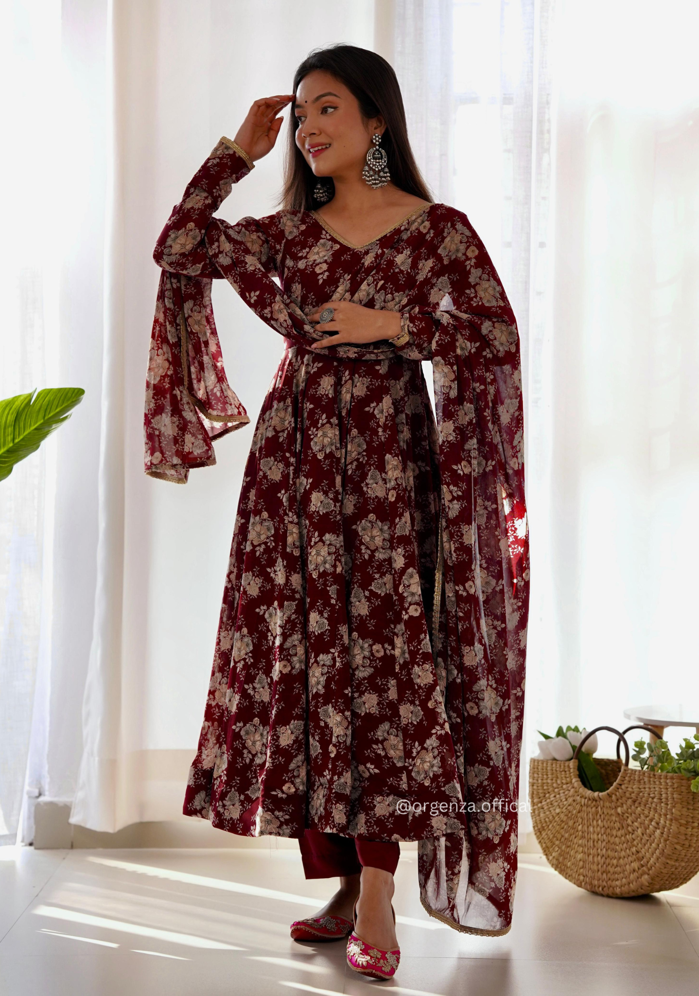 Dark Marron Floral Georgette With Dupatta Set - Orgenza Store