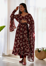 Dark Marron Floral Organza With Dupatta Set