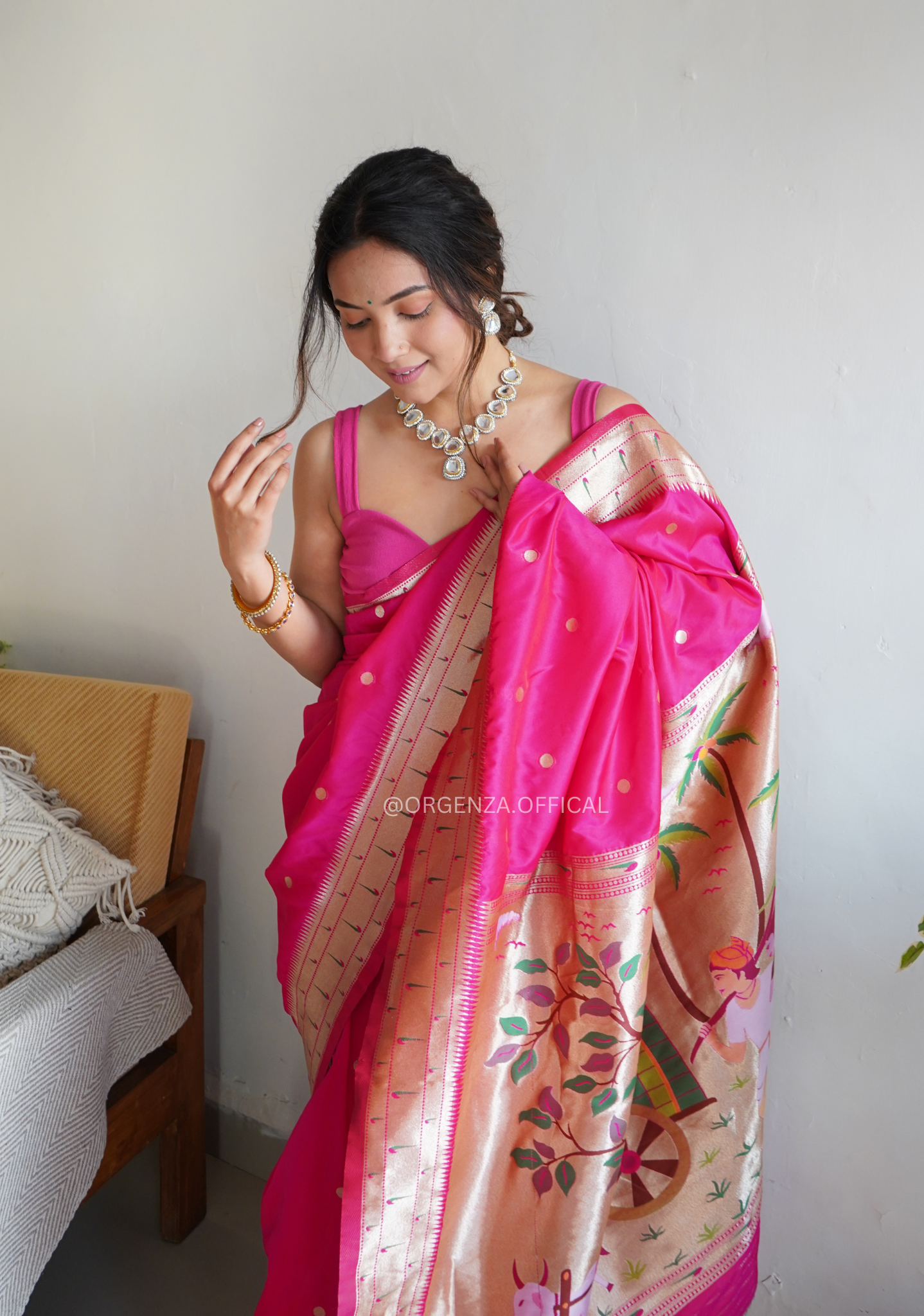 Pure Pink Paithani Silk Saree With Zari Weaving - Orgenza Store