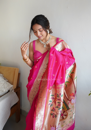 Pure Pink Paithani Silk Saree With Zari Weaving - Orgenza Store