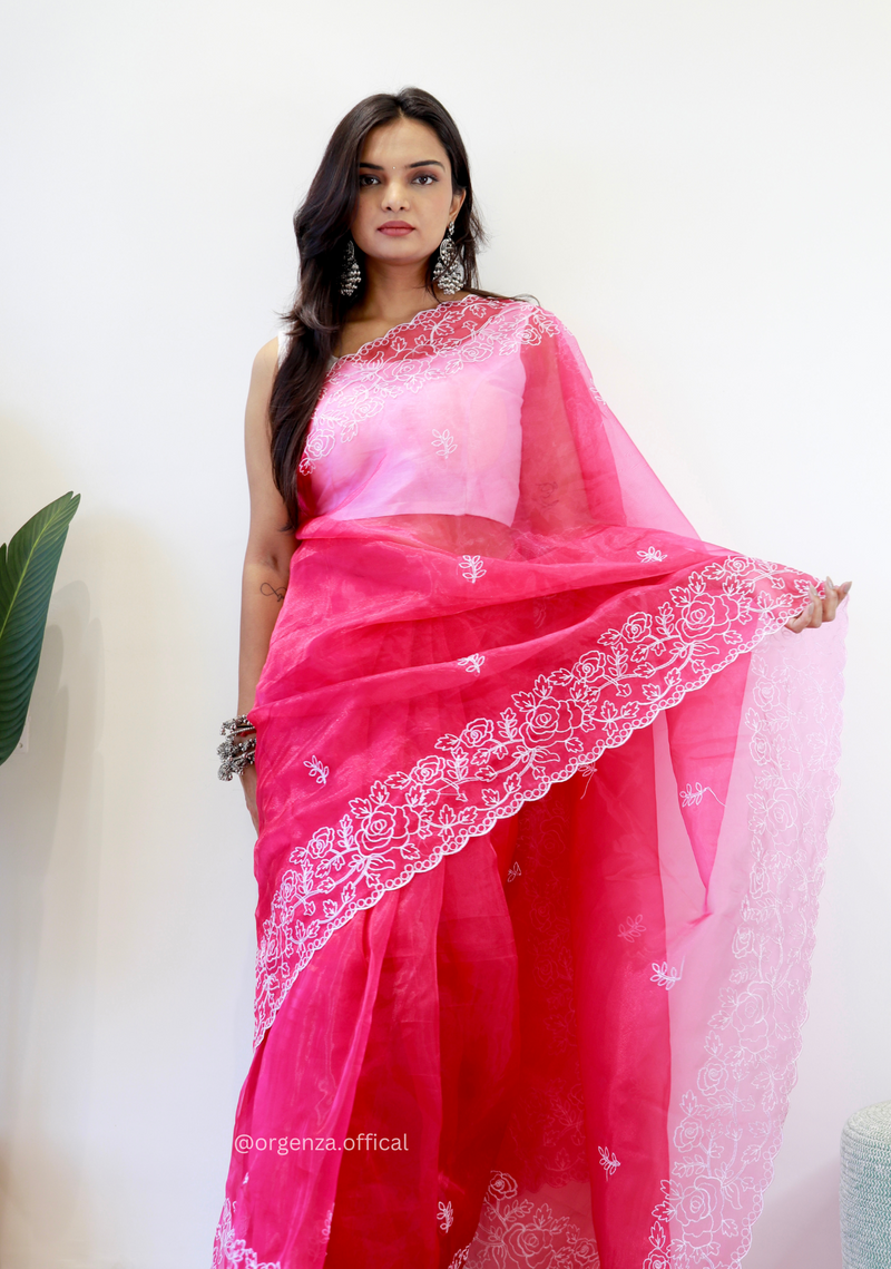 Pink Colour Embroidery Thread Work Saree