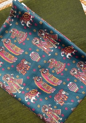 Dark Mehendi Green Colour Cotton Saree With People Print Blouse - Orgenza Store - digisoch