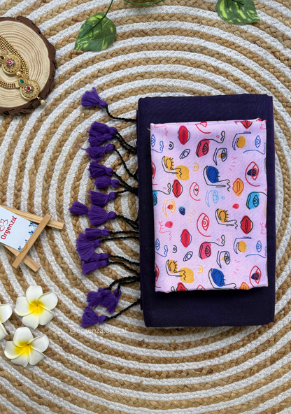 Purple Colour Cotton Saree With Face Print Blouse