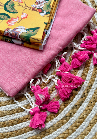 Baby Pink Colour Cotton Saree With Yellow Print Blouse