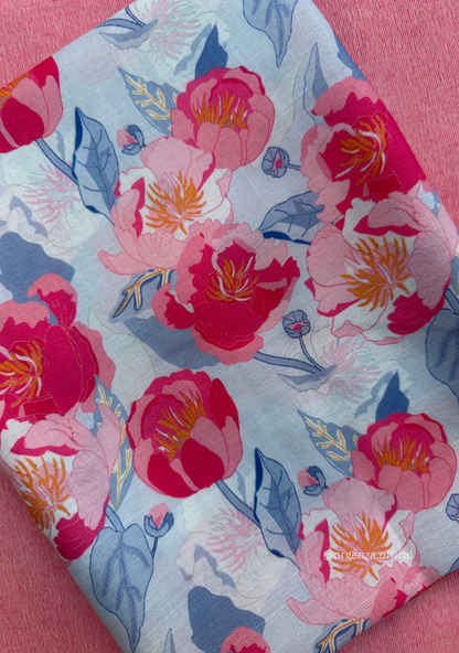 Baby Pink Colour Cotton Saree With Baby Pink Flower Print Blouse