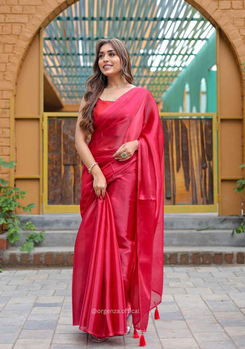 Plain Red Colour Jimmy Choo Saree