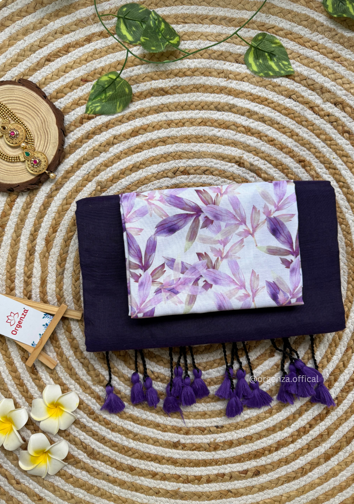 Purple Colour Cotton Saree With Purple Leaf Print Blouse