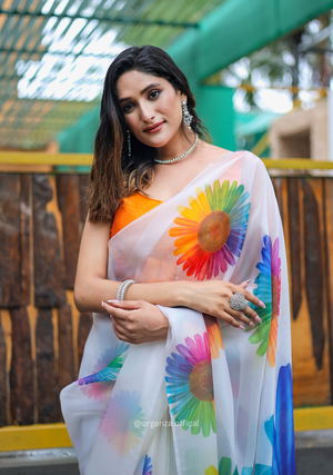 White Colour Multi Digital Print Saree - Orgenza Store