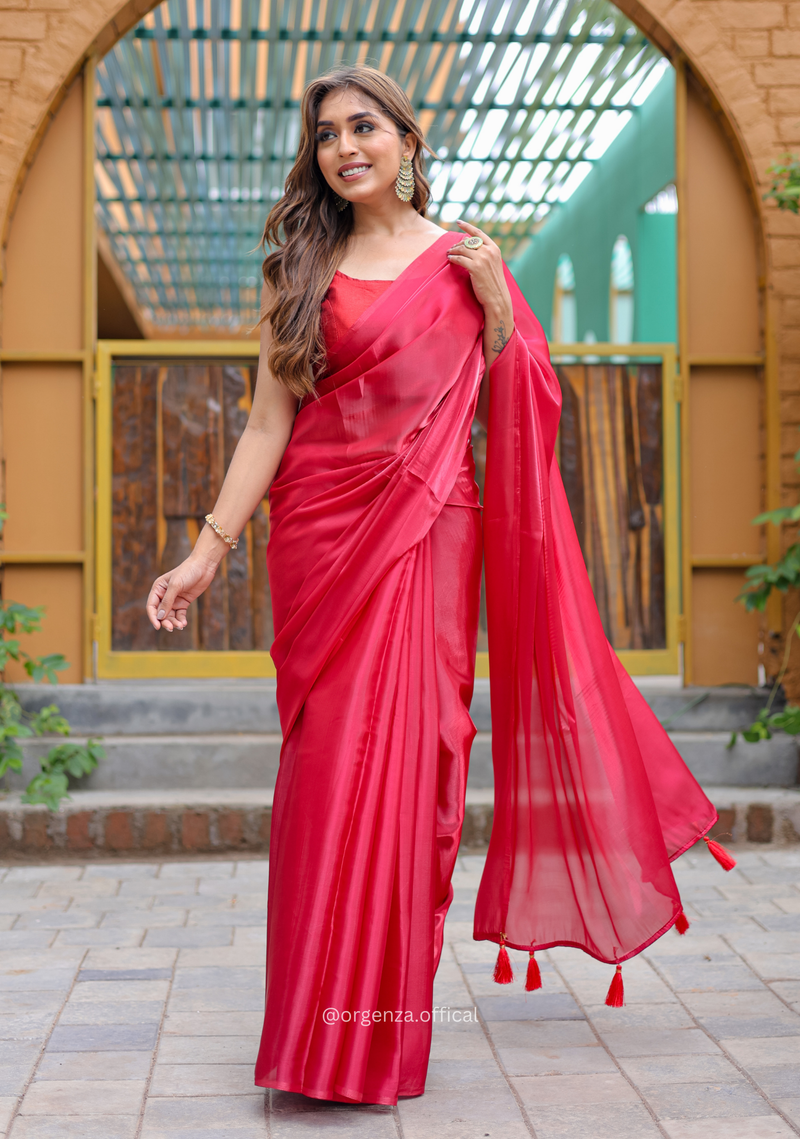 Plain Red Colour Jimmy Choo Saree