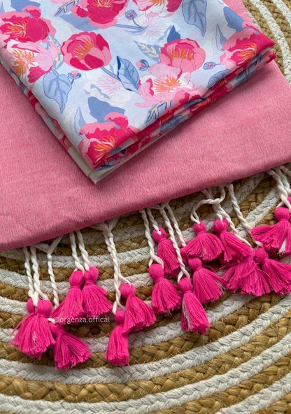 Baby Pink Colour Cotton Saree With Baby Pink Flower Print Blouse