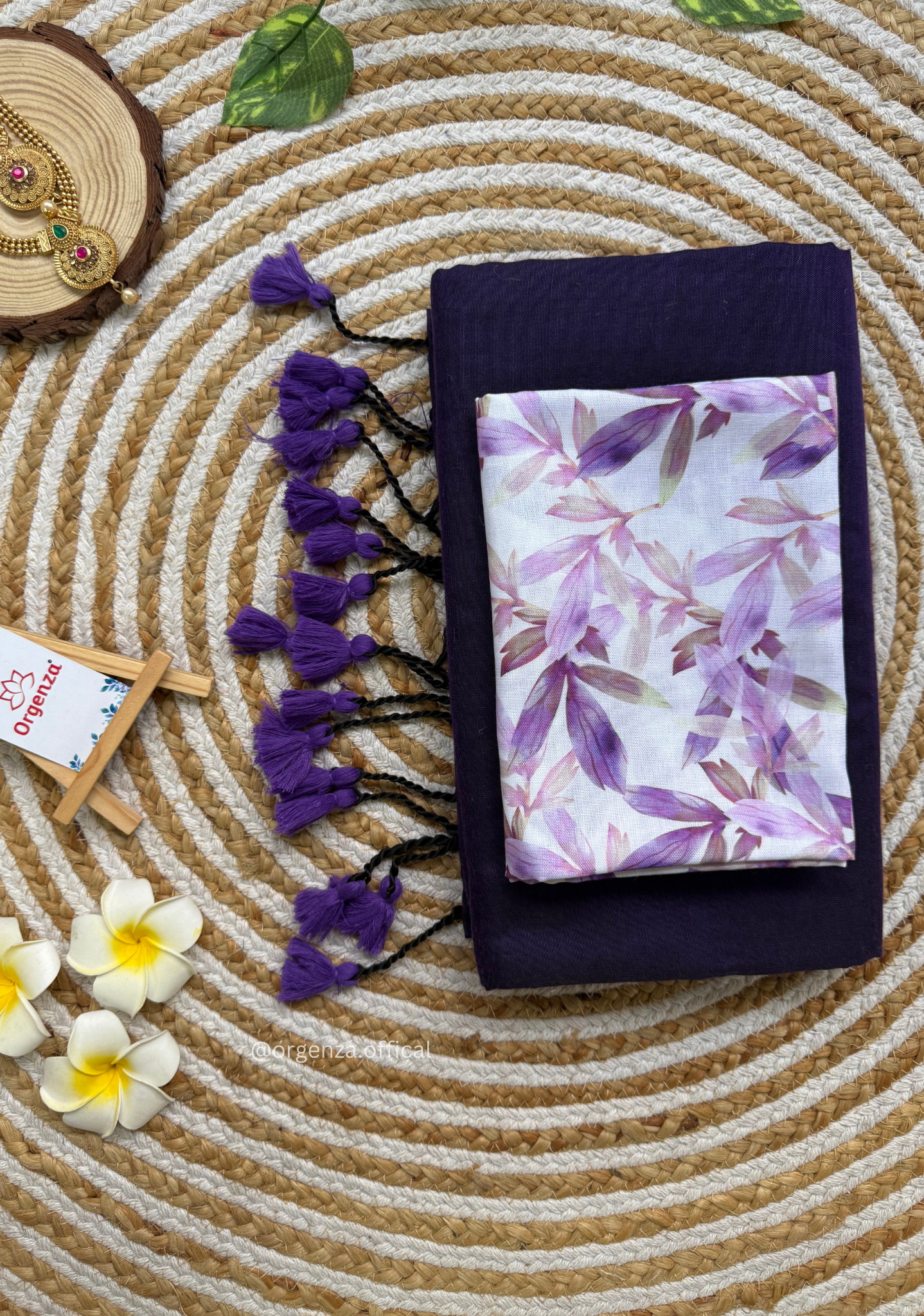 Purple Colour Cotton Saree With Purple Leaf Print Blouse