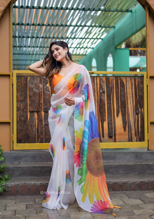 White Colour Multi Digital Print Saree - Orgenza Store