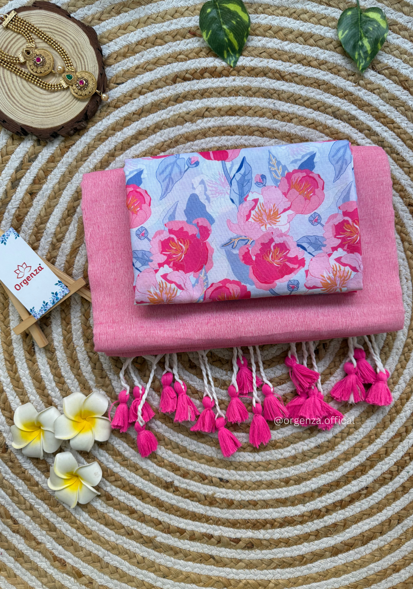Baby Pink Colour Cotton Saree With Baby Pink Flower Print Blouse