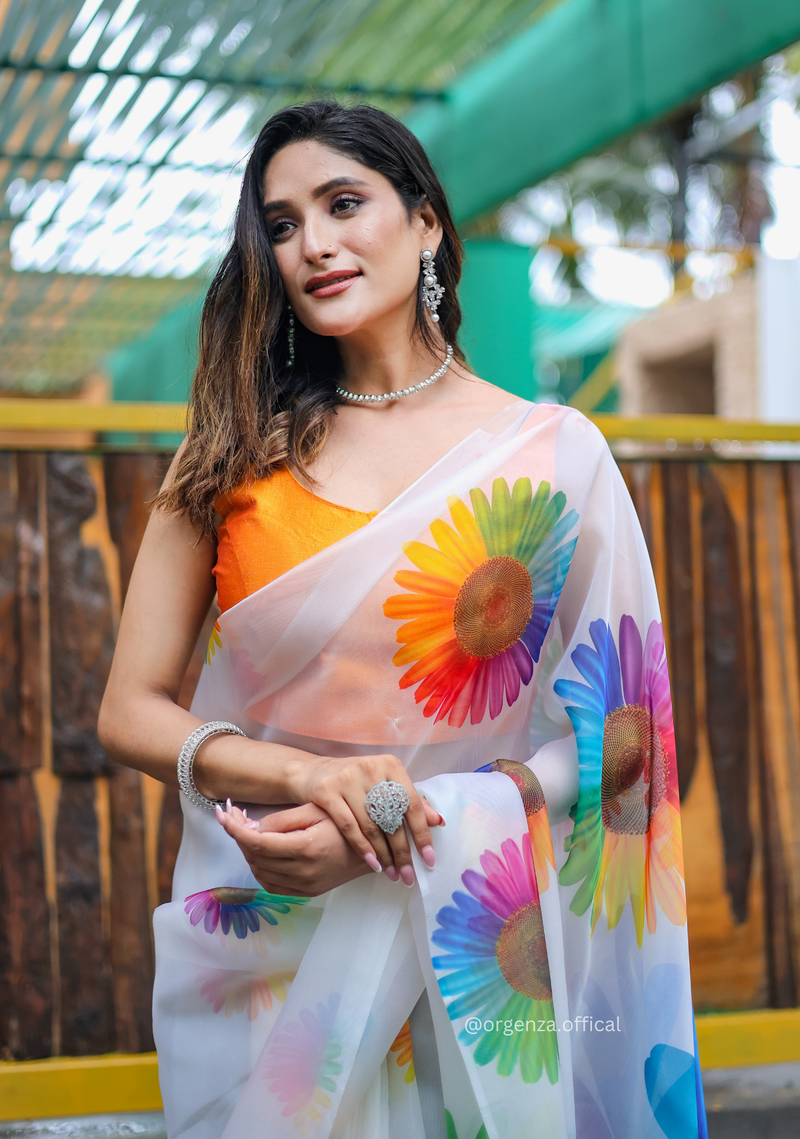 White Colour Multi Digital Print Saree