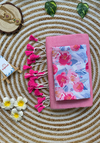 Baby Pink Colour Cotton Saree With Baby Pink Flower Print Blouse