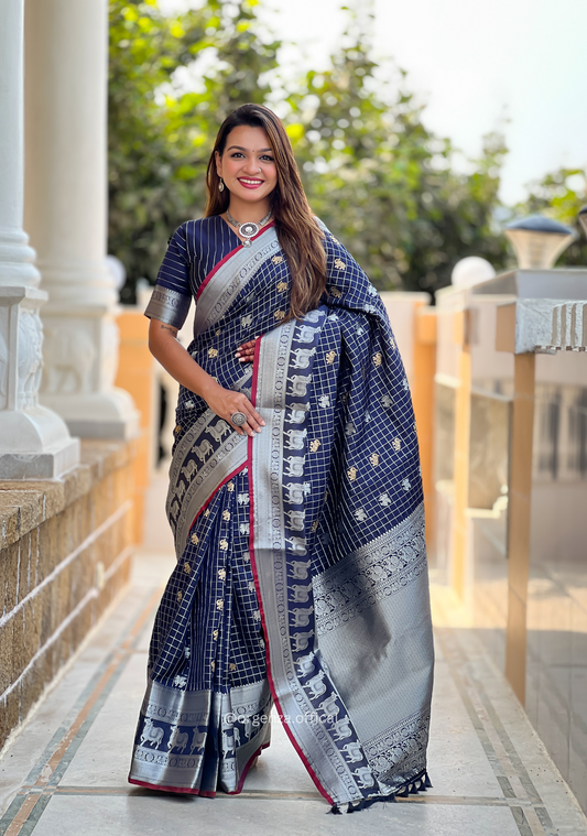 Navy Blue Colour Silk Saree With Gold And Silver Zari