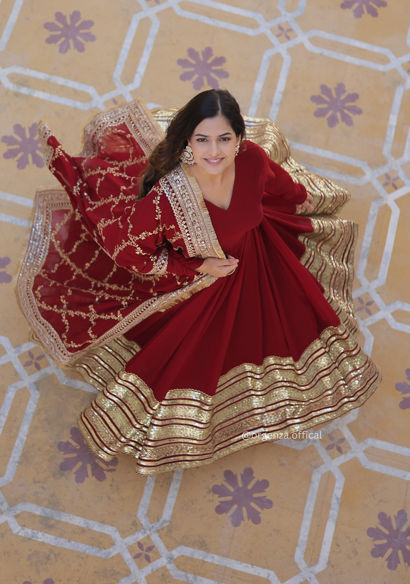 Maroon Colour Soft Fox Blooming Zari Sequins Gown - Orgenza Store