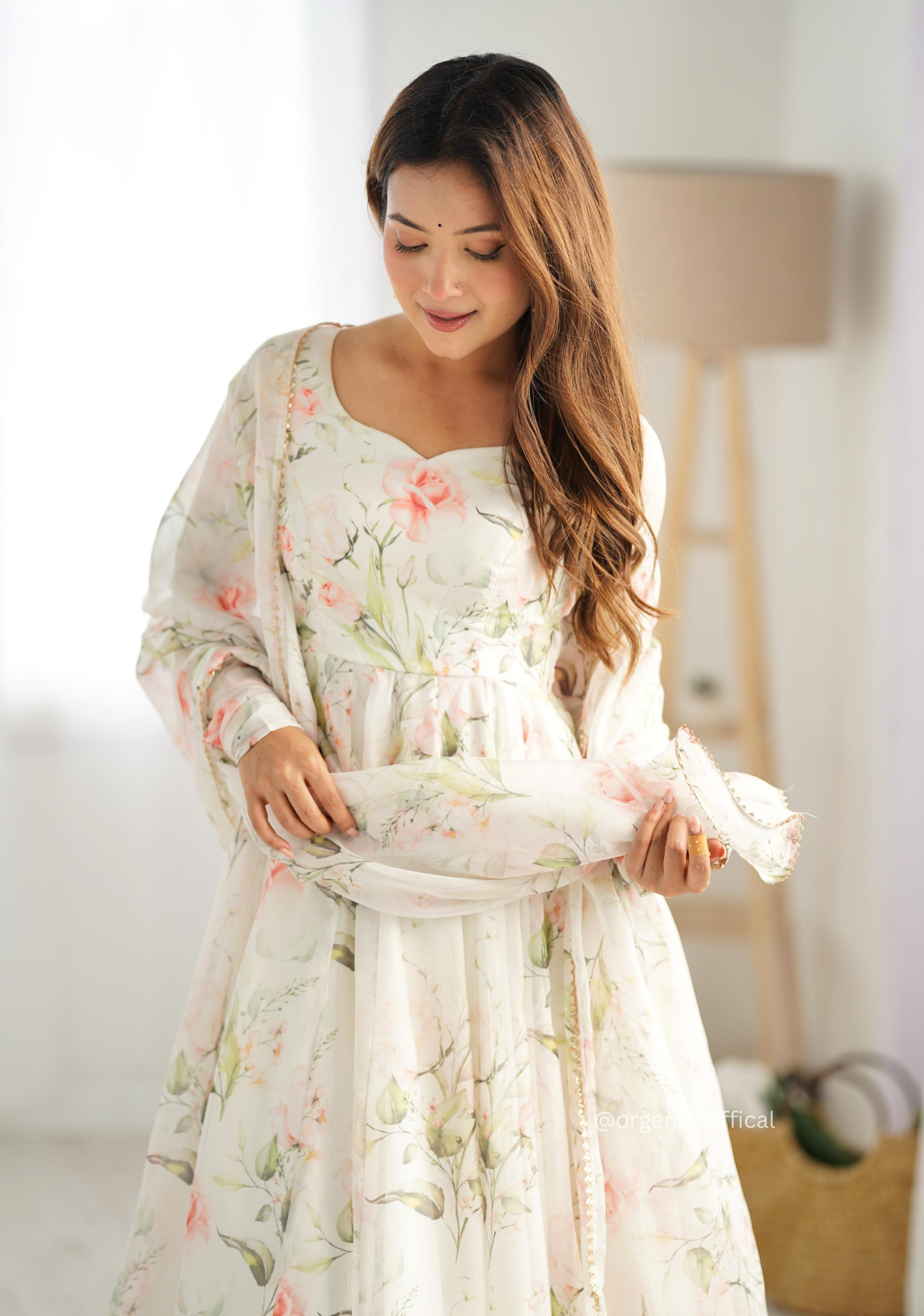Pure Organza Cream Colour Silk Print Kurti