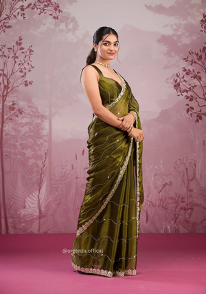 Mehndi Green Colour Jimmy Choo Saree With Mirror Work - Orgenza Store