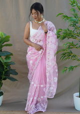Pink Colour Organza Saree With Chikankari Work