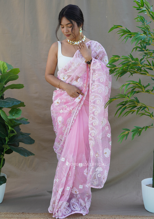 Pink Colour Organza Saree With Chikankari Work