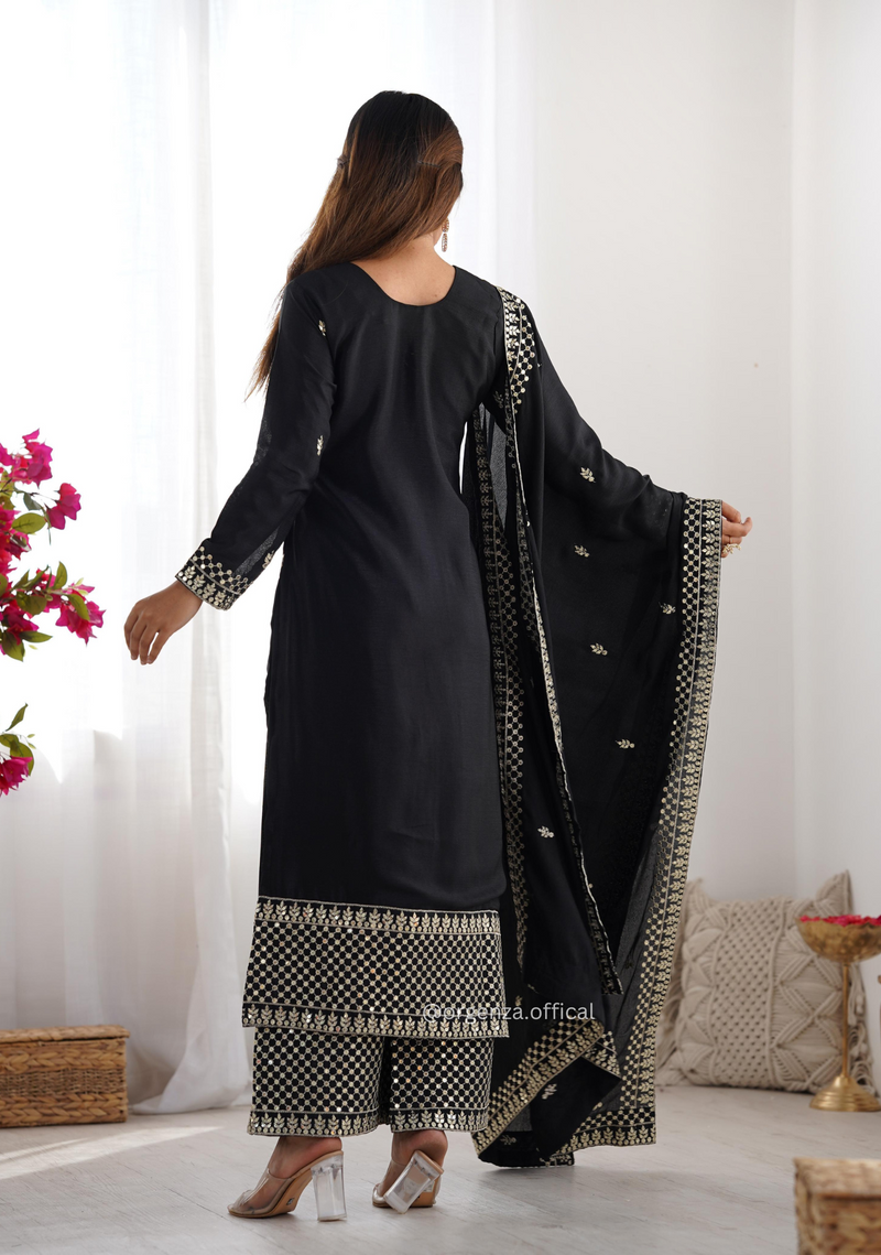 Chinon Silk Fabric Straight Fit Kurta With Dupatta Set