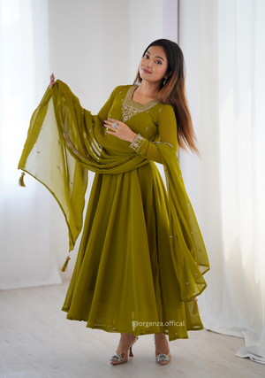 Mehndi Green Georgette Anarkali With Dupatta And Pant - Orgenza Store
