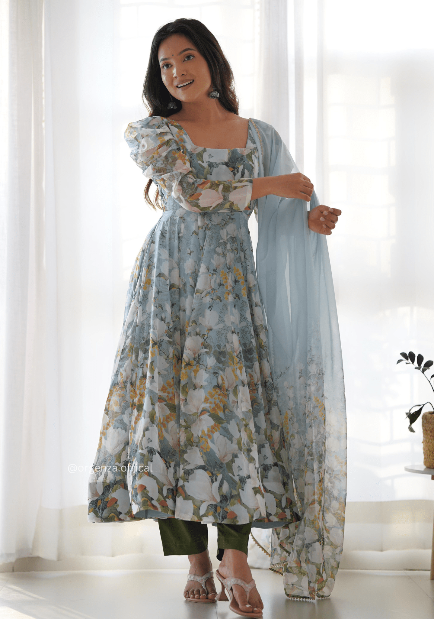 Floral Print Organza Anarkali With Dupatta And Pant - Orgenza Store - digisoch