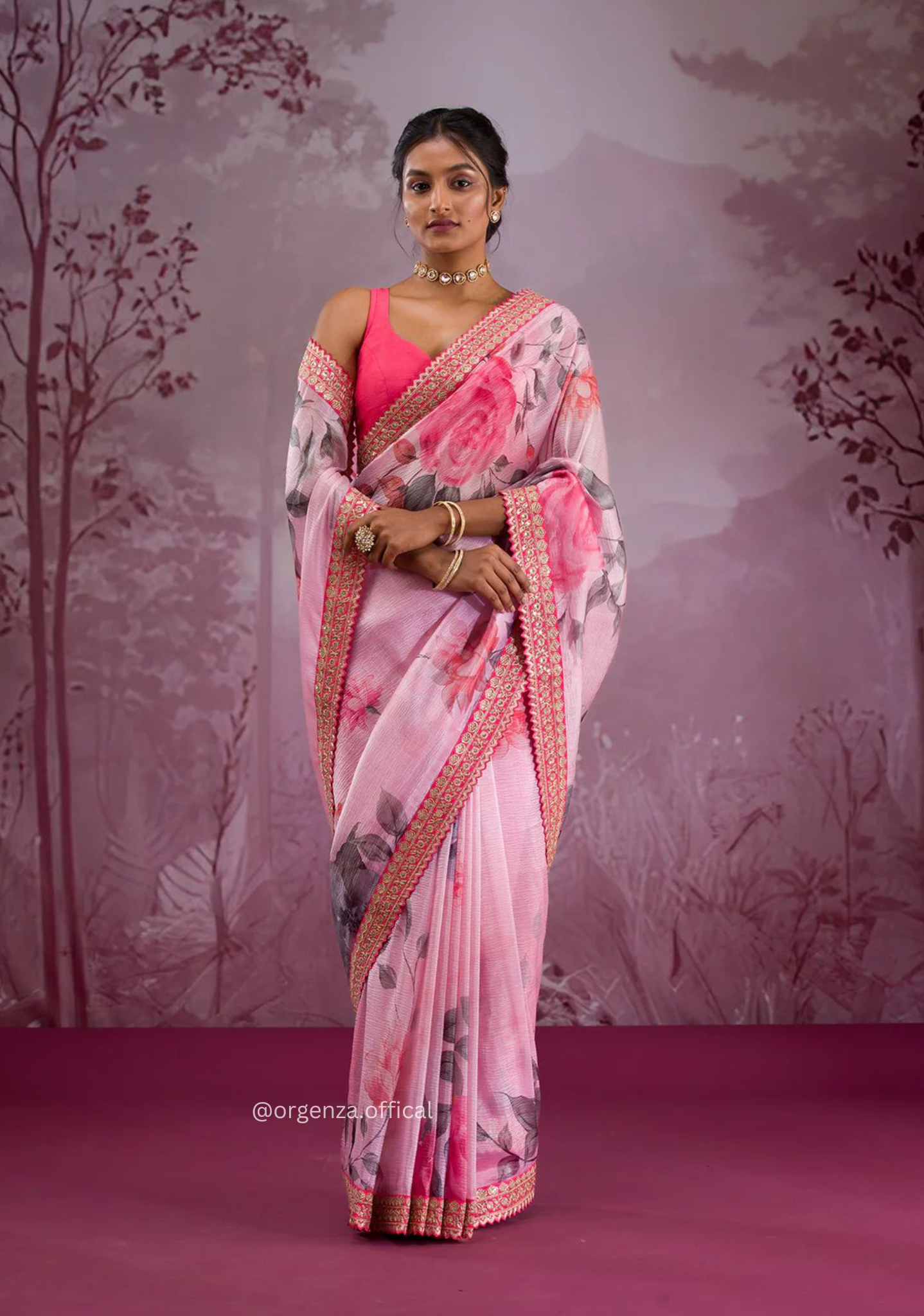 Pink Colour Chinnon Silk Saree