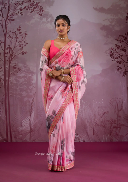 Pink Colour Chinnon Silk Saree