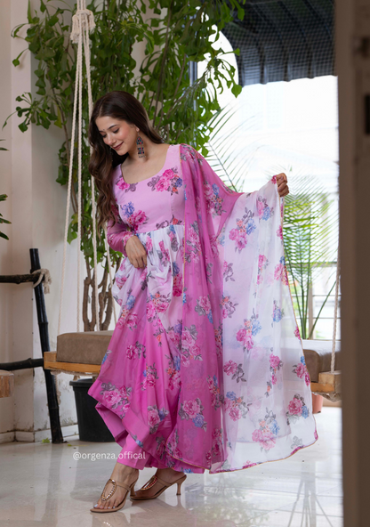 Multi Colour Floral Organza With Dupatta Set