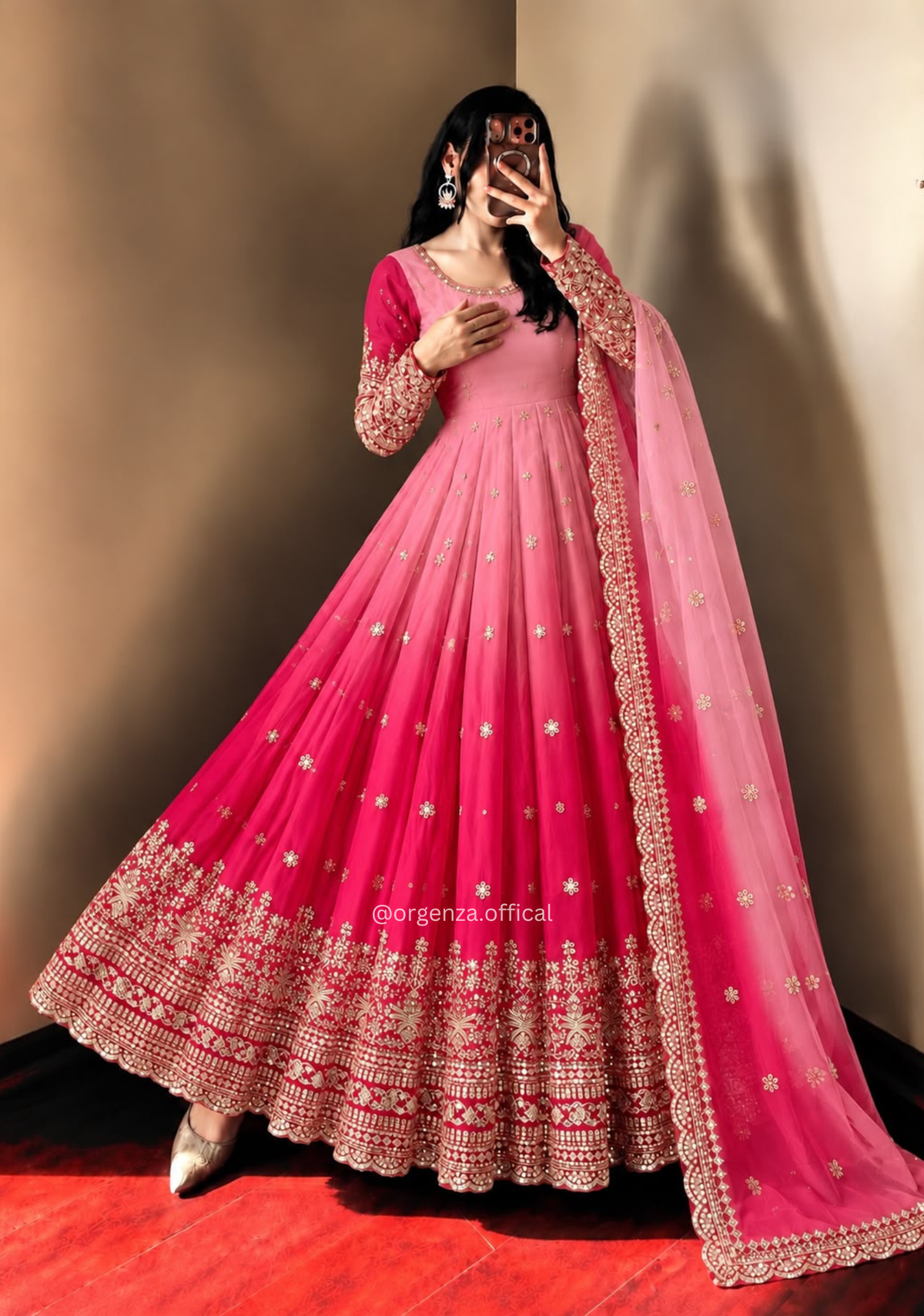 Pink Ombre Georgette Embroidered Gown Set