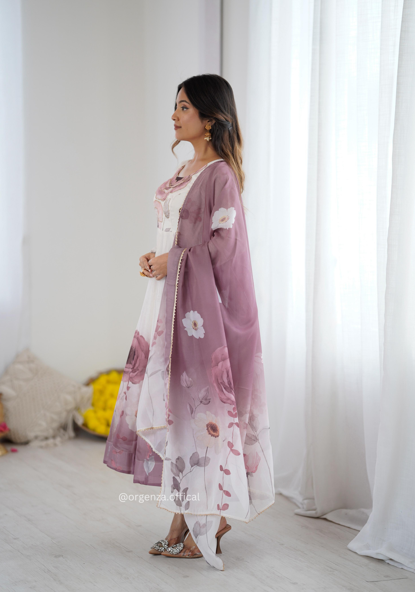 Onion Pink Colour Organza Anarkali Kurti Set