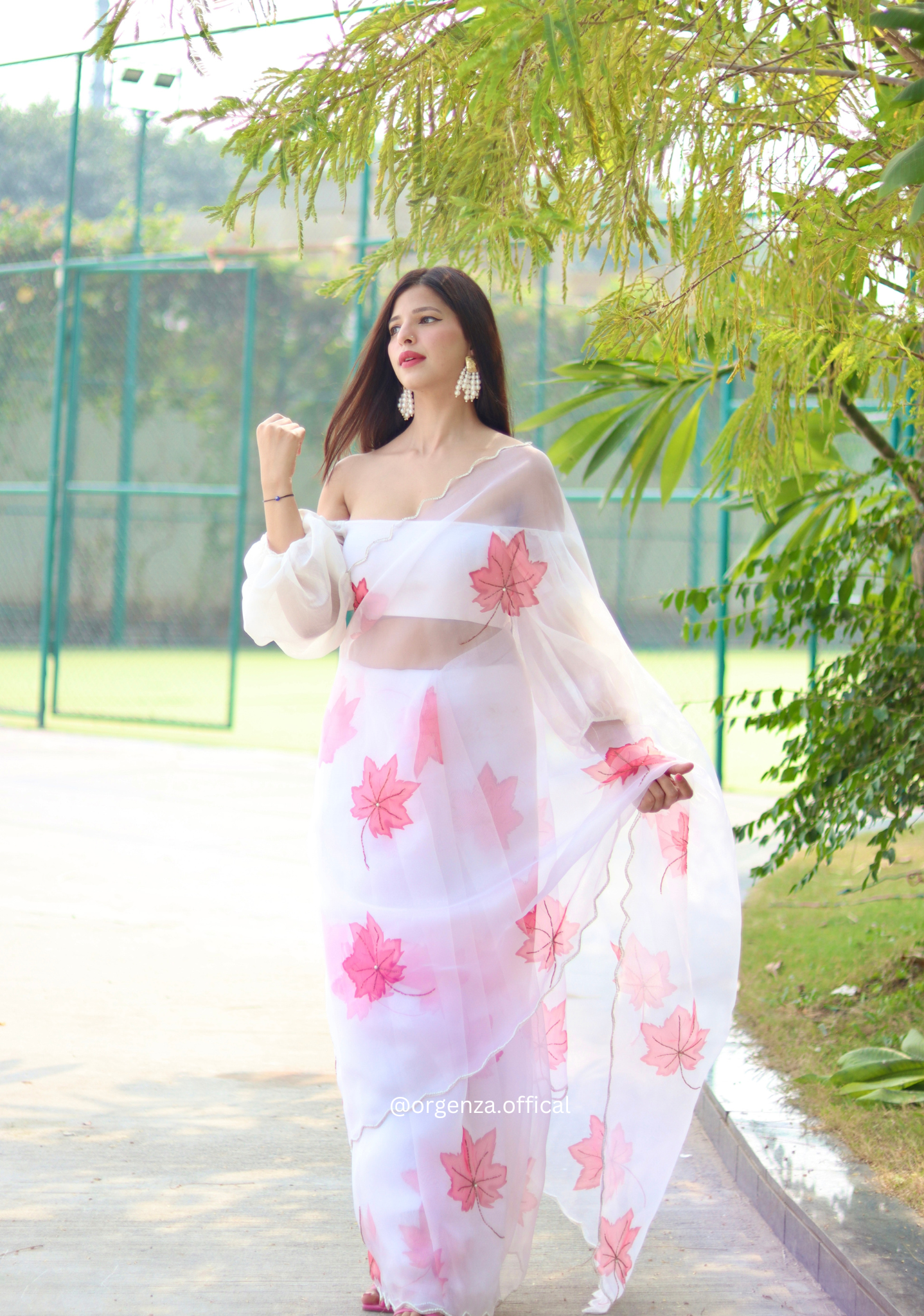 Floral Organza Saree With Khatli Work - Orgenza Store