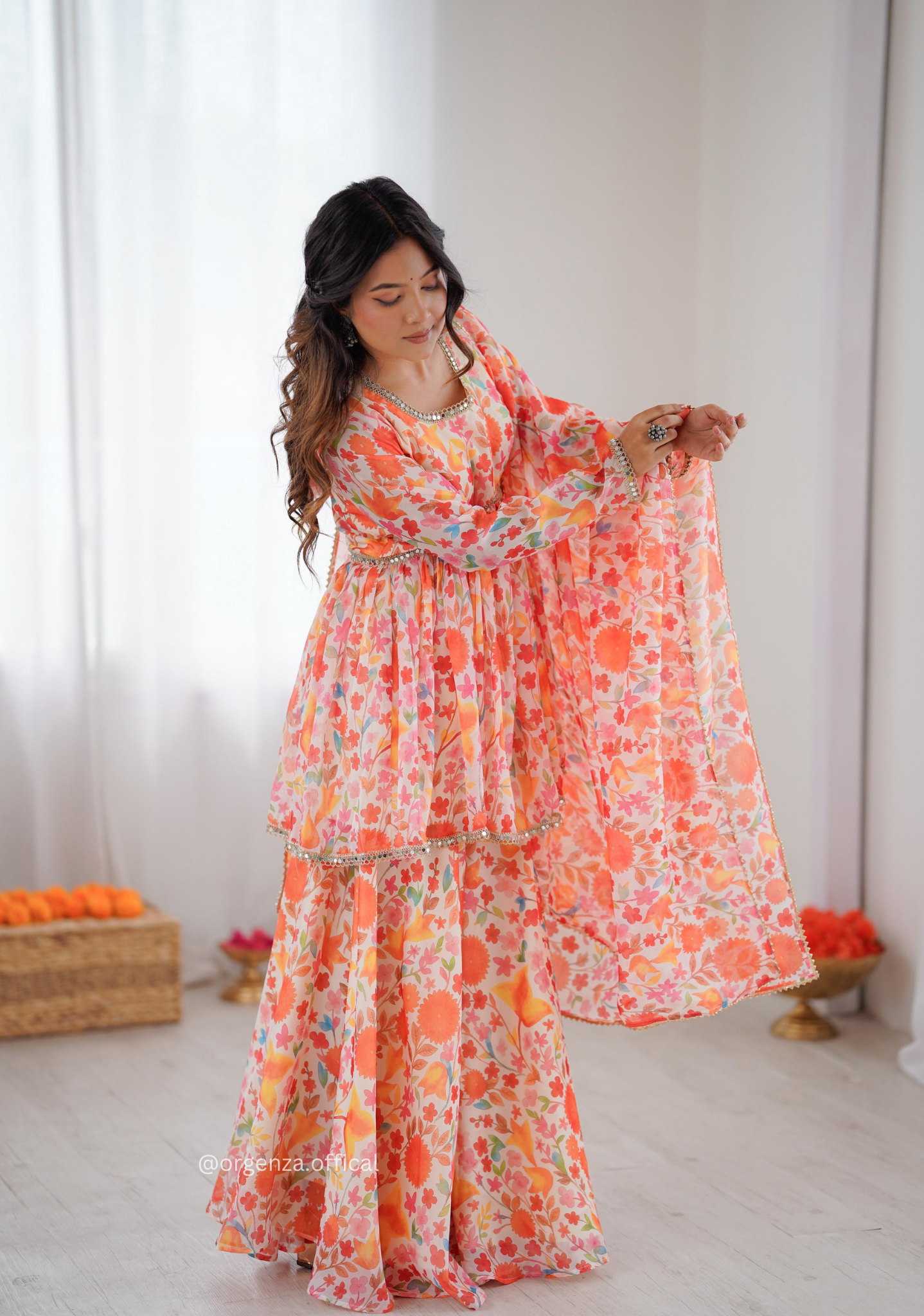 Orange Multi Colour Organza Kediya Type Kurti With Palazzo Set