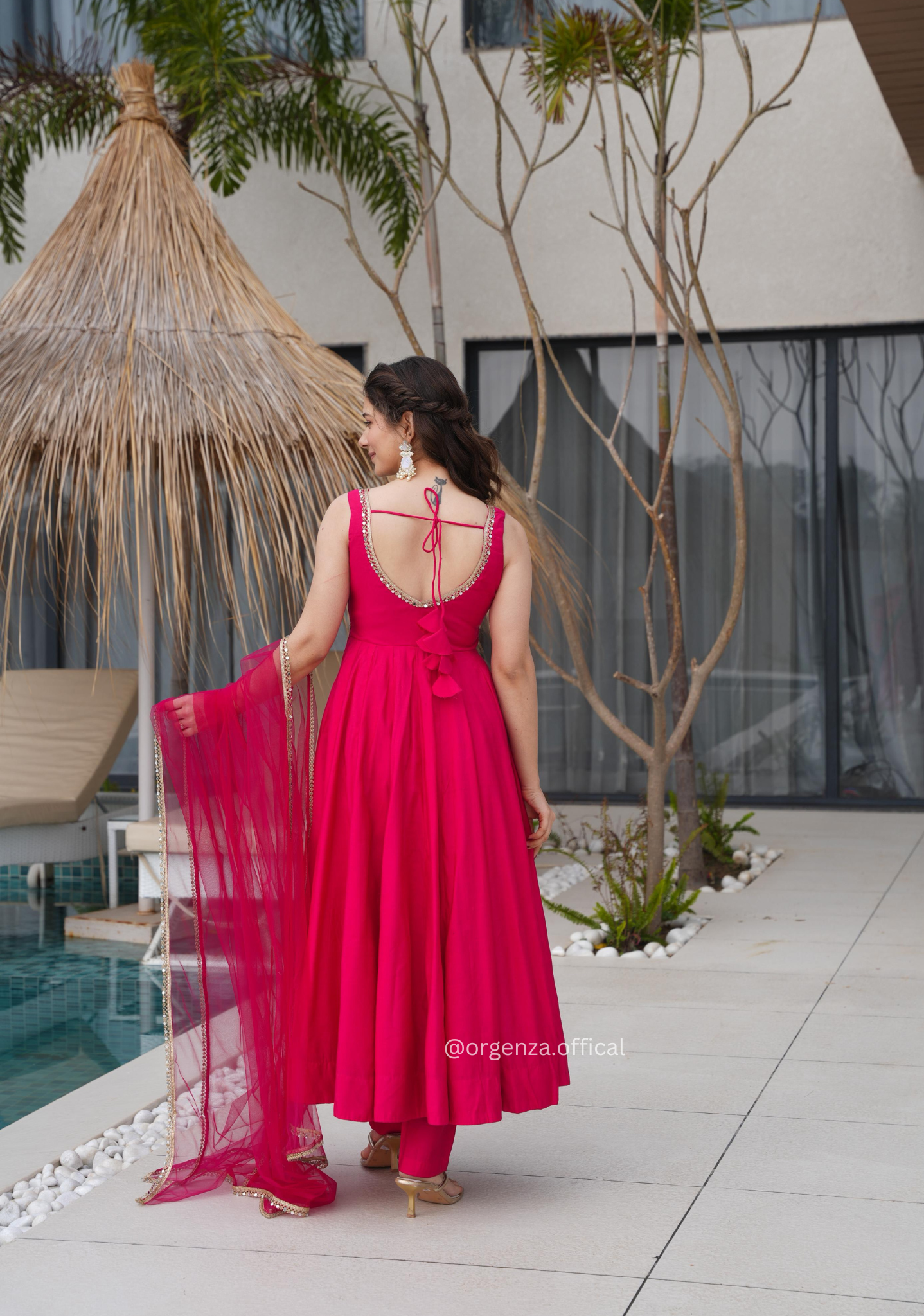 Pink Colour Roman Silk Chanderi Plain Anarkali Kurti - Orgenza Store