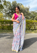 Grey Colour Organza Silk Saree With Thread Work