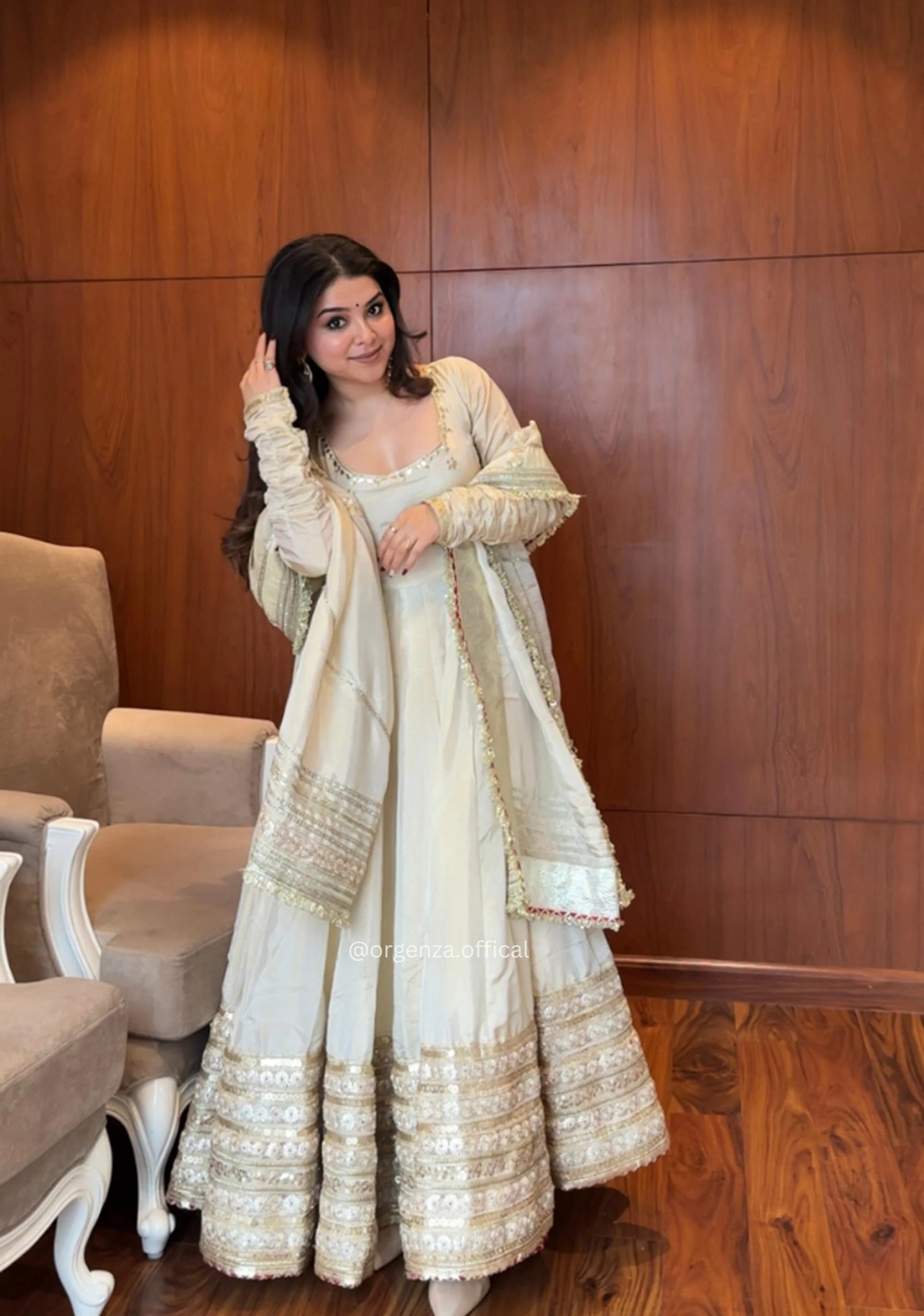 Designer Chinon Silk Embroidery Gown Set with Dupatta & Pant