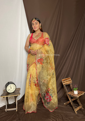 Organza Saree With Sequence Work And Printed Flower - Orgenza Store