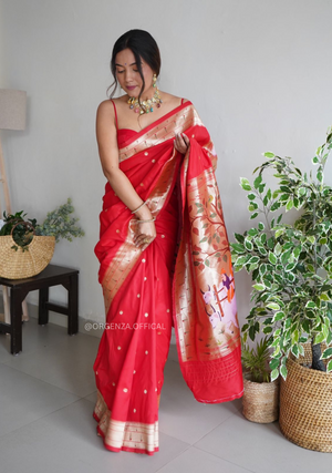 Pure Red Paithani Silk Saree With Zari Weaving - Orgenza Store
